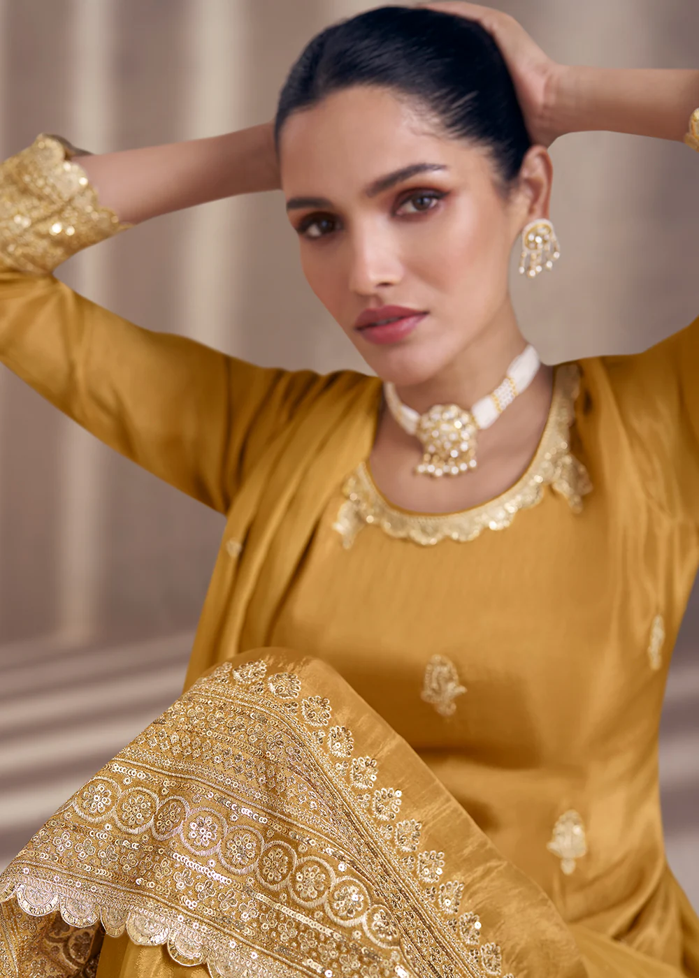Mustard Embroidered Chinnon Silk Designer Sharara Suit - Image 2