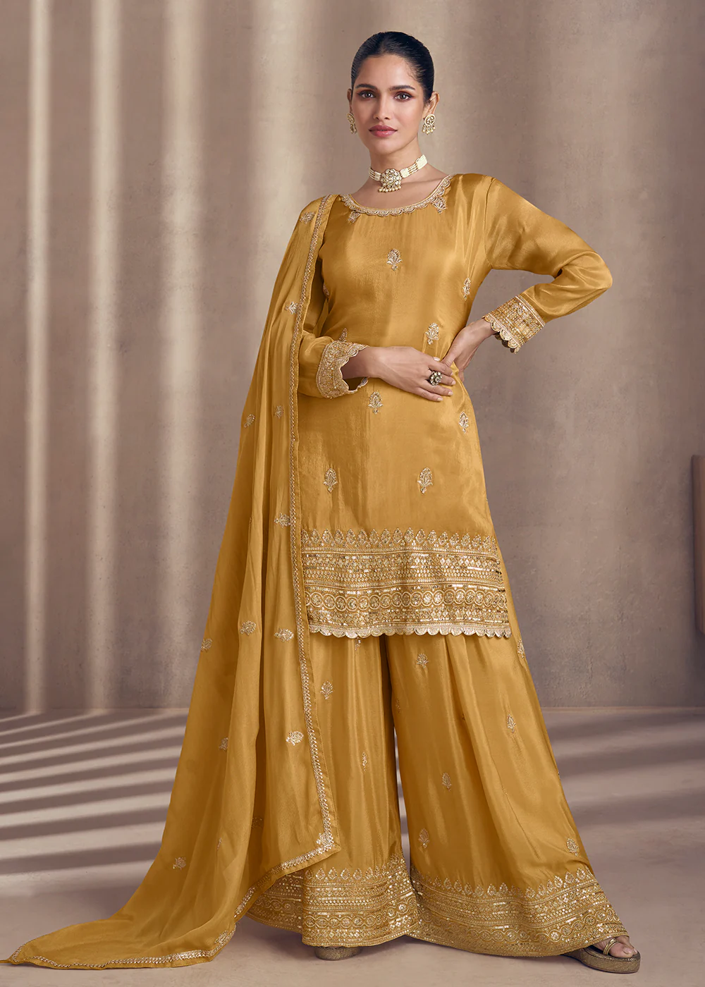 Mustard Embroidered Chinnon Silk Designer Sharara Suit - Image 3