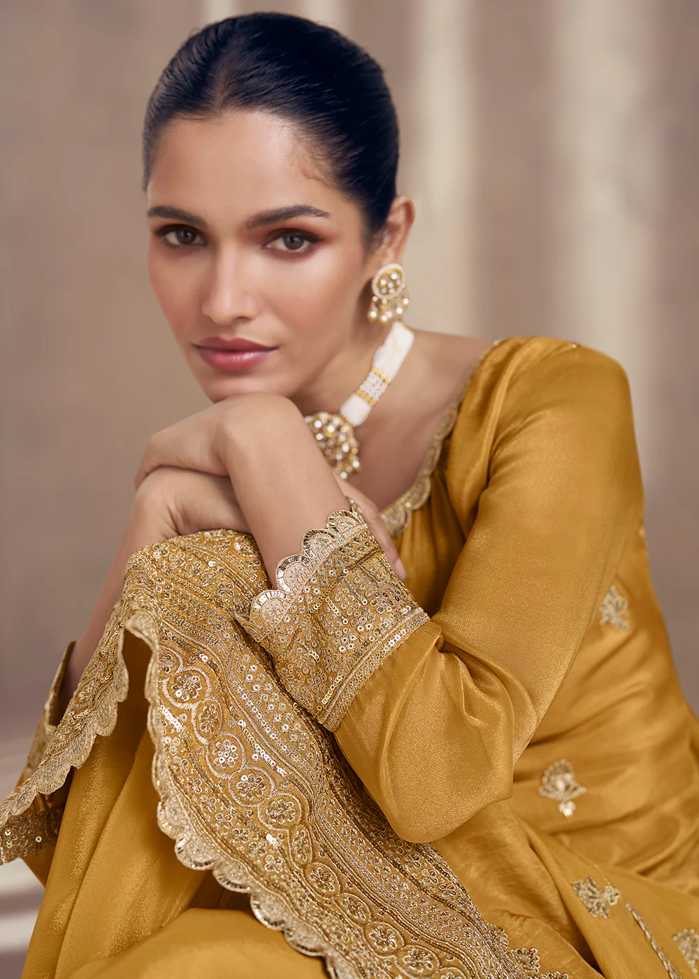 Mustard Embroidered Chinnon Silk Designer Sharara Suit - Image 4
