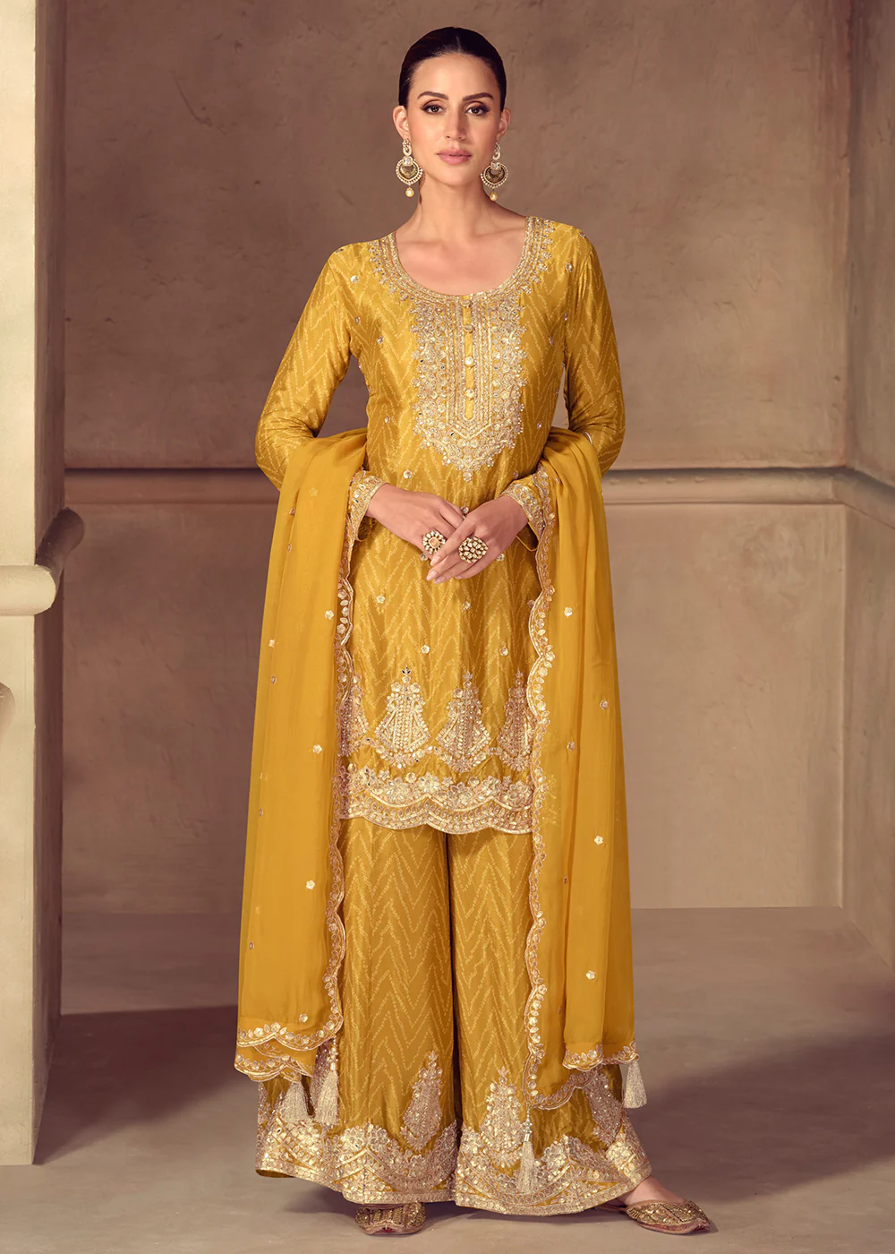 Mustard Embroidered & Digital Printed Palazzo Suit