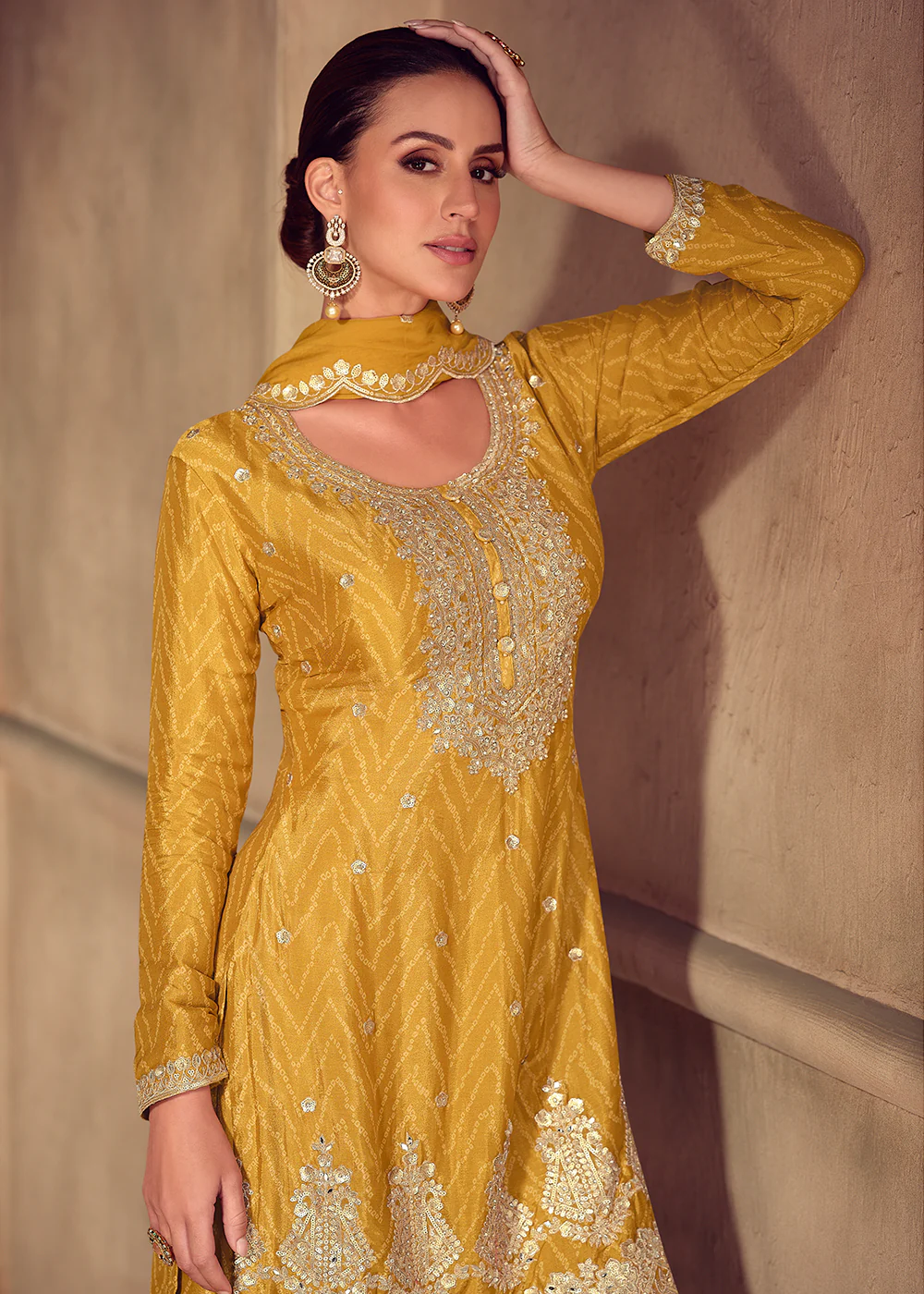Mustard Embroidered & Digital Printed Palazzo Suit - Image 2