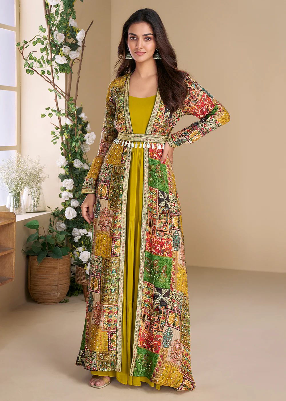 Mustard Embroidered Georgette Shrug Style Anarkali Suit