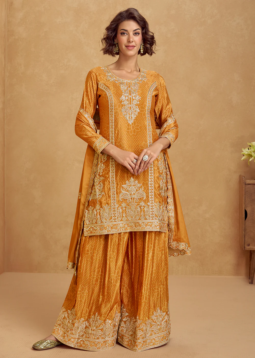 Mustard Embroidered Palazzo Dress for Festival & Wedding