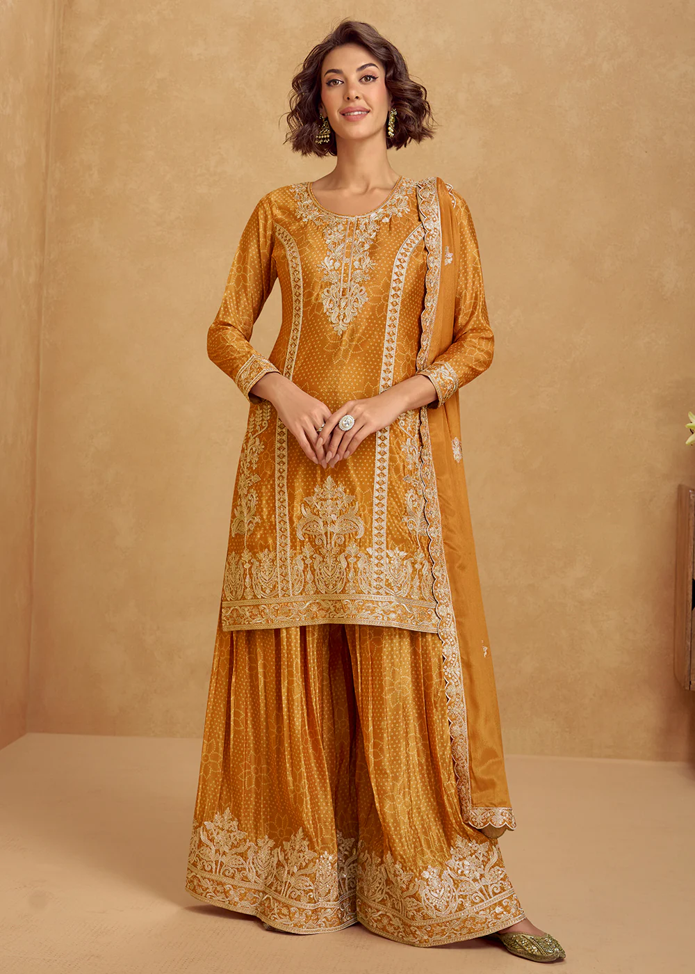 Mustard Embroidered Palazzo Dress for Festival & Wedding - Image 3