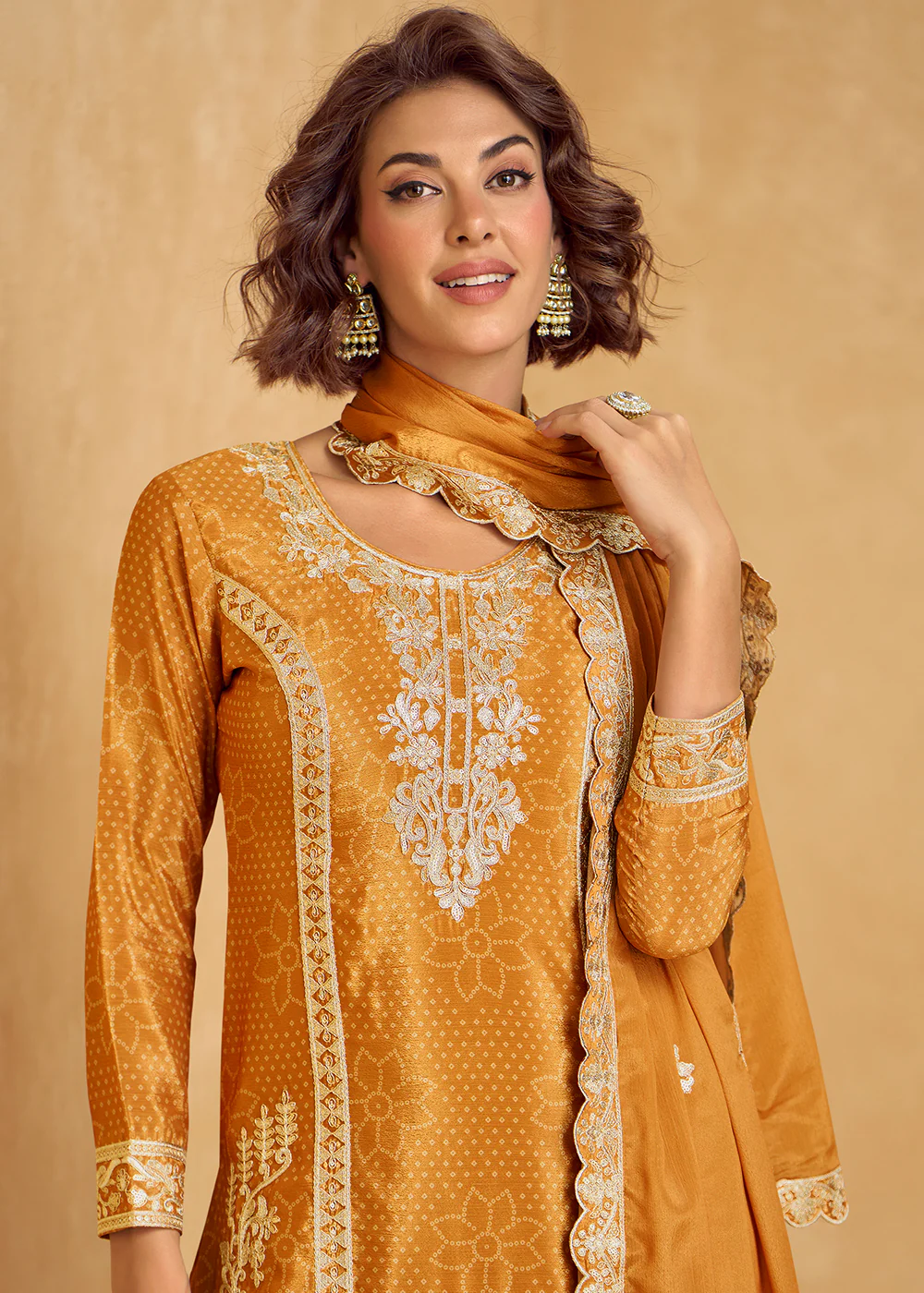 Mustard Embroidered Palazzo Dress for Festival & Wedding - Image 4