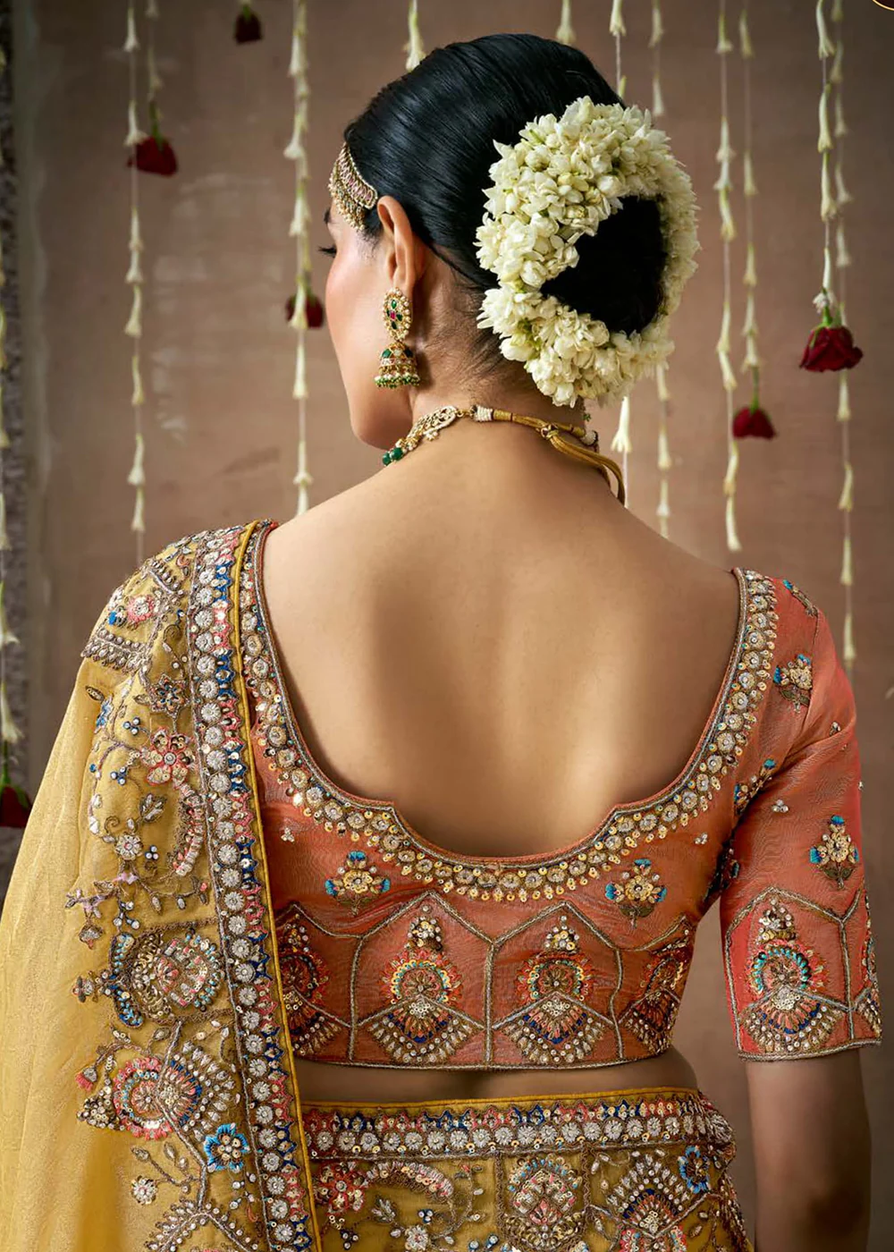 Mustard Embroidered Silk Wedding Wear Saree - Image 3