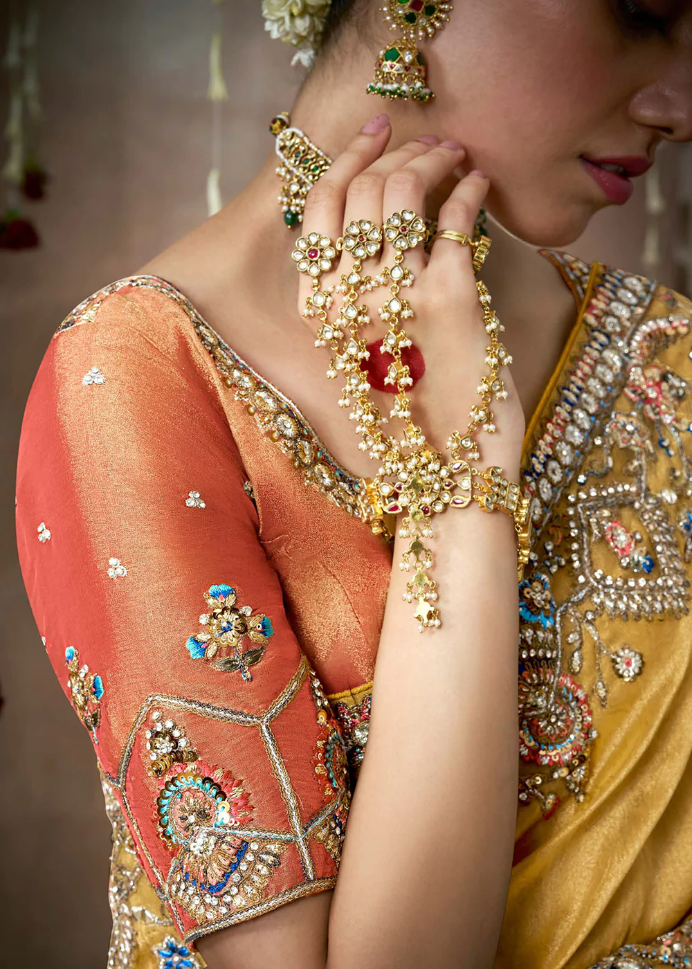 Mustard Embroidered Silk Wedding Wear Saree - Image 4