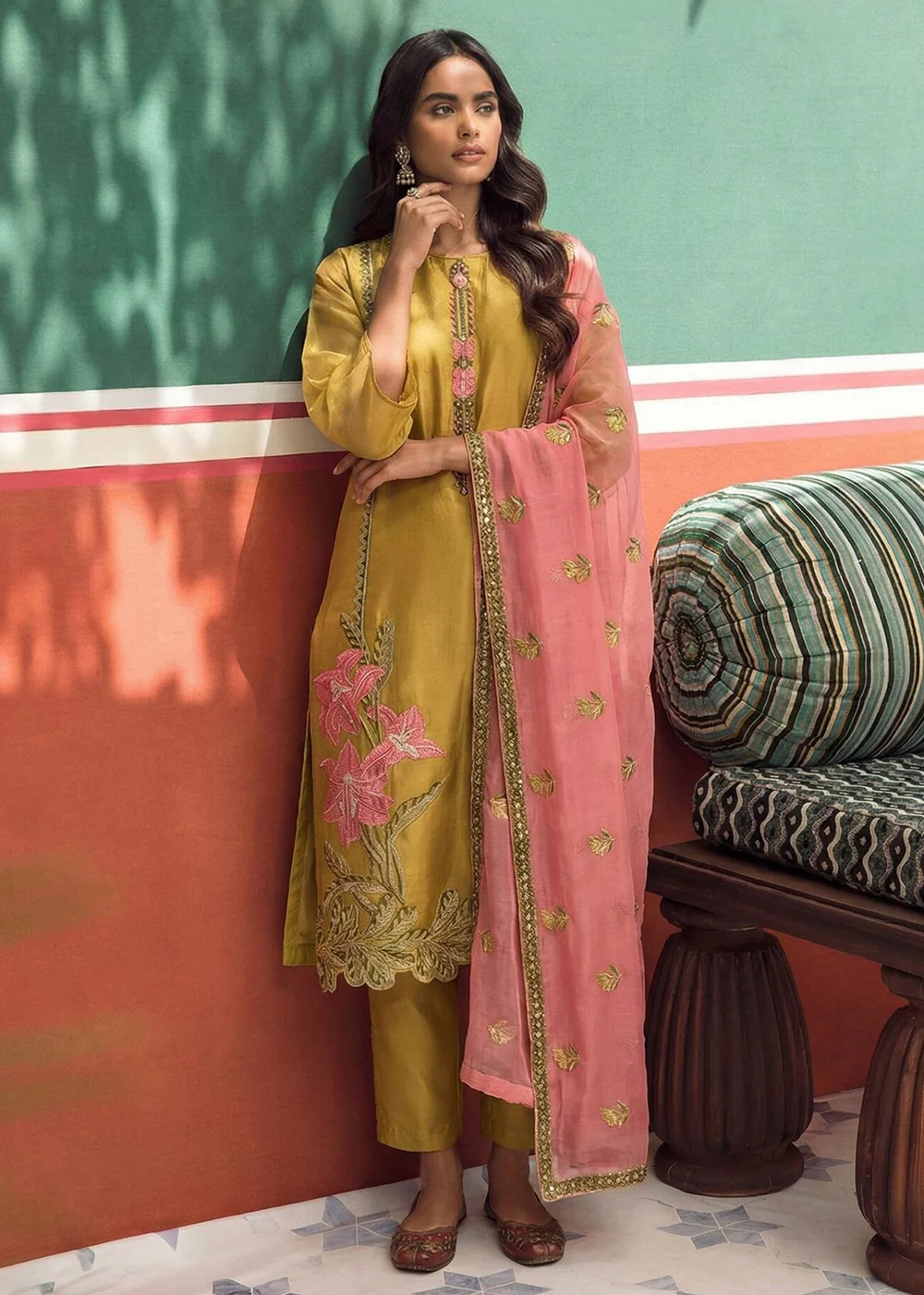 Mustard Fancy Zari Fabric Pant Style Salwar Suit