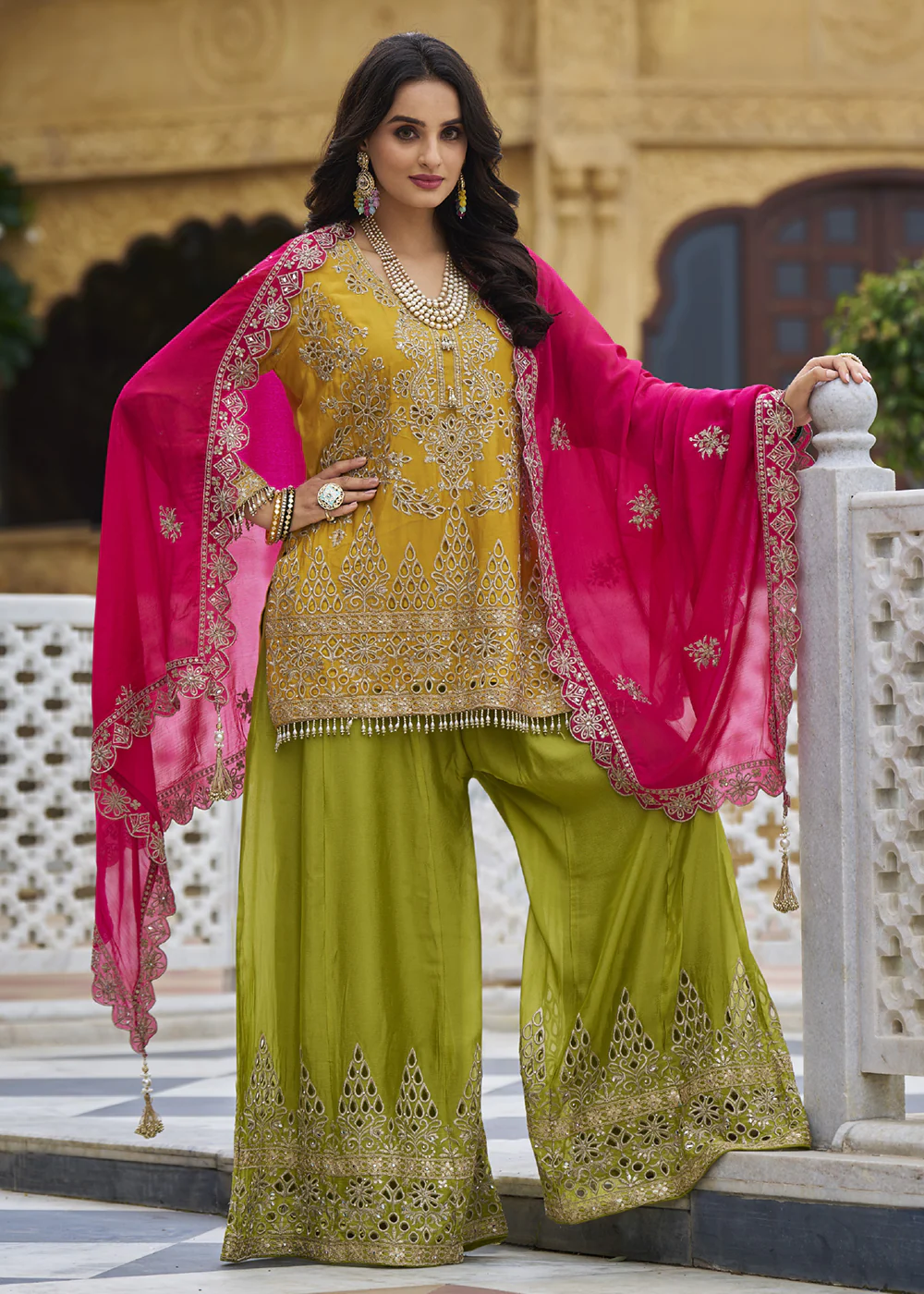 Mustard & Green Embroidered Punjabi Style Palazzo Suit