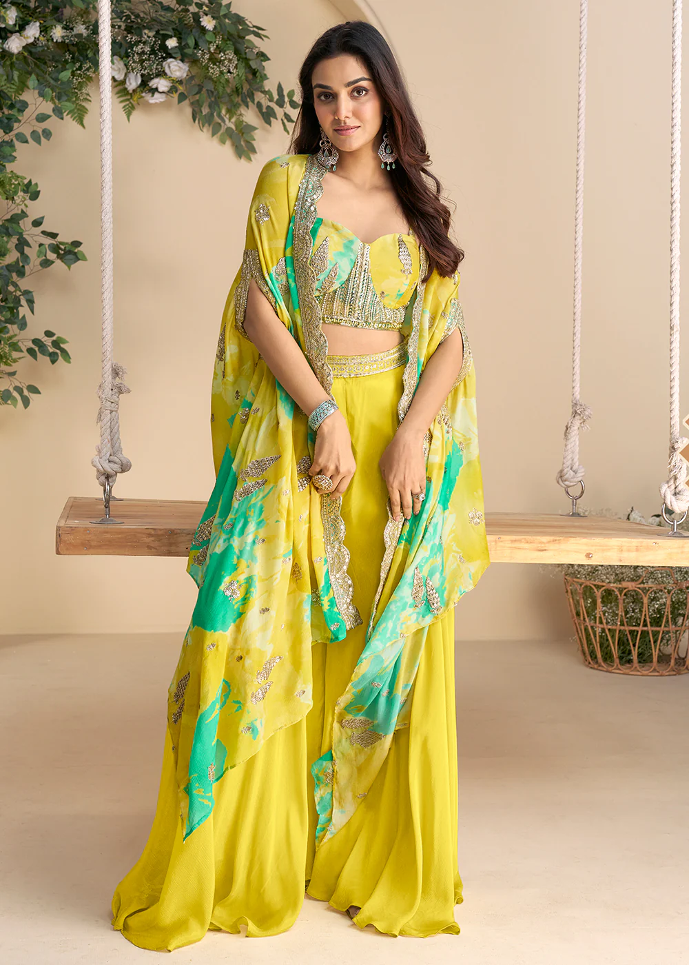 Mustard Green Embroidered Shrug Style Indo Western Suit