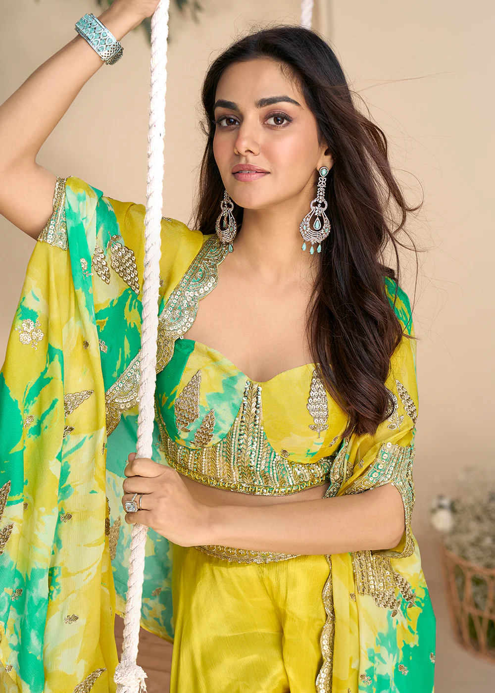 Mustard Green Embroidered Shrug Style Indo Western Suit - Image 2