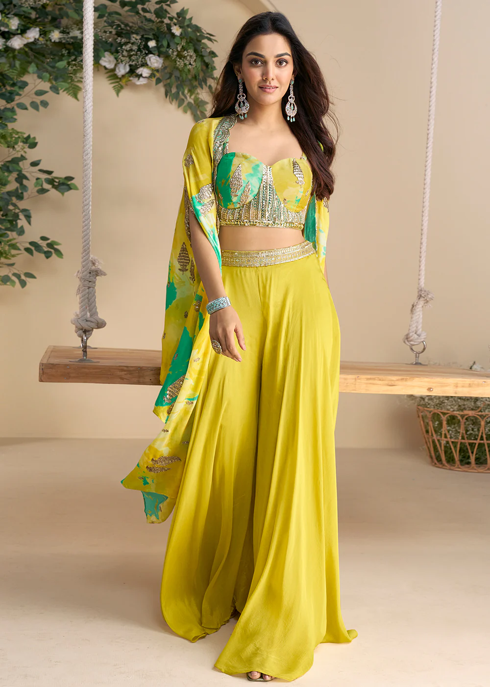 Mustard Green Embroidered Shrug Style Indo Western Suit - Image 3