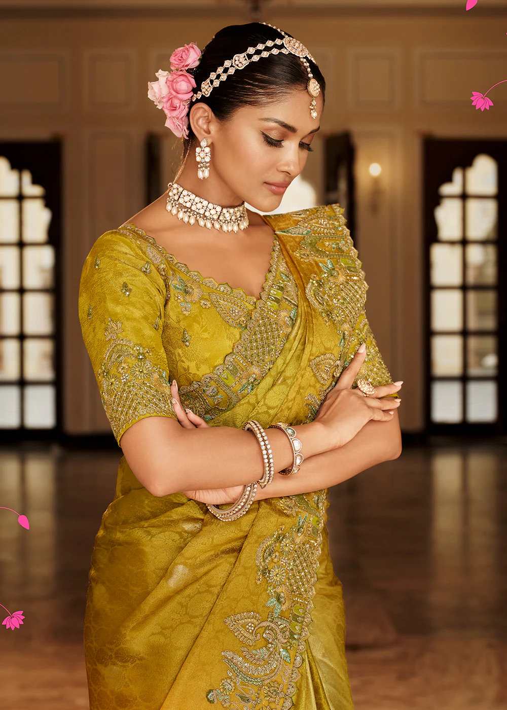 Mustard & Green Traditional Embroidered Designer Saree - Image 2