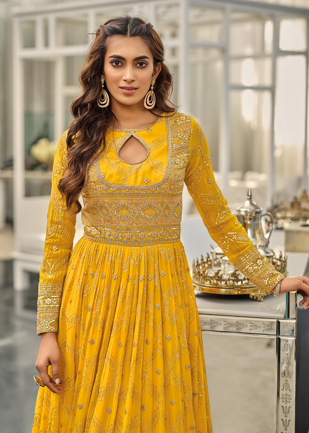 Mustard Haldi Wedding Party Wear Long Anarkali Gown - Image 2