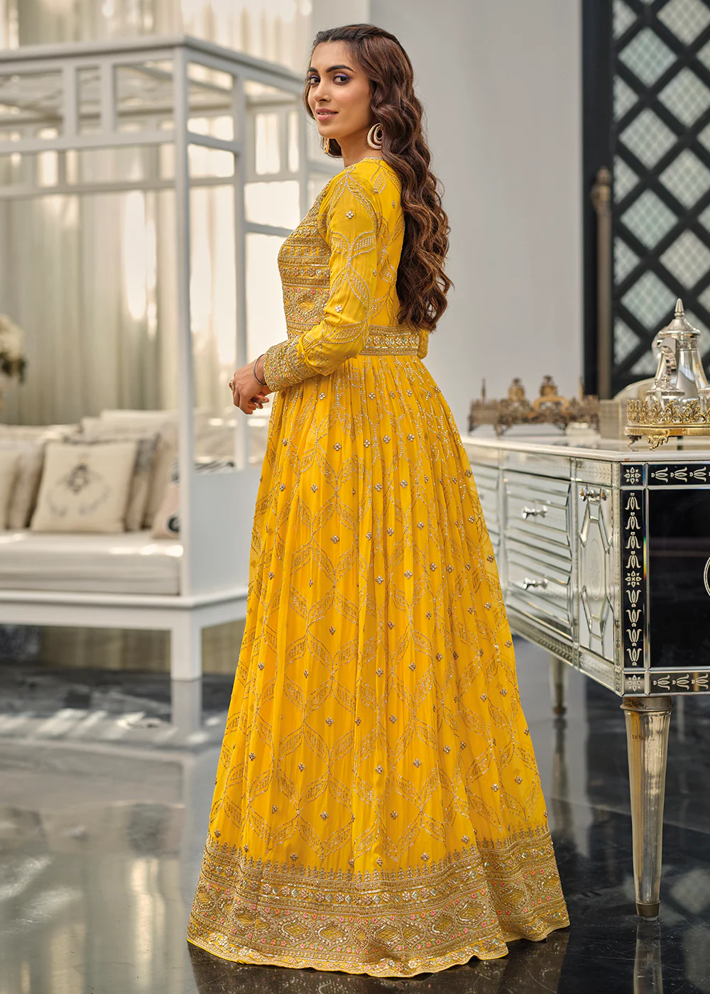 Mustard Haldi Wedding Party Wear Long Anarkali Gown - Image 3