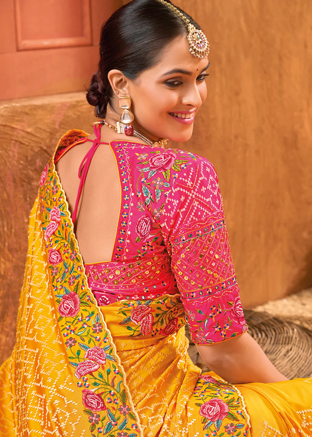Mustard Hand Work Embroidered Traditional Banarasi Silk Saree - Image 3