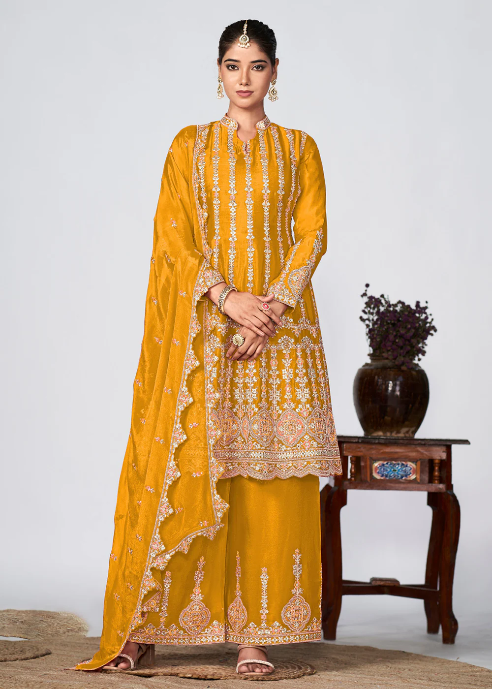 Mustard Heavy Chinnon Embroidered Festive Palazzo Suit