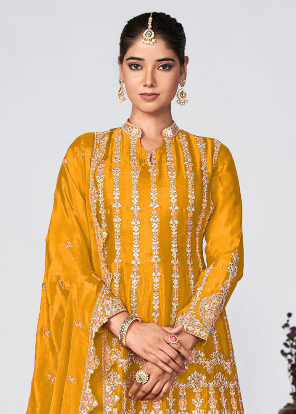 Mustard Heavy Chinnon Embroidered Festive Palazzo Suit - Image 2