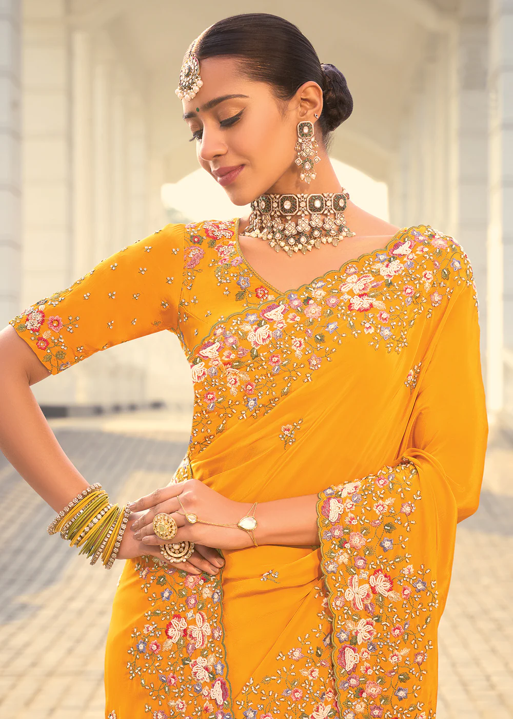 Mustard Heavy Embroidered Wedding Designer Saree - Image 2