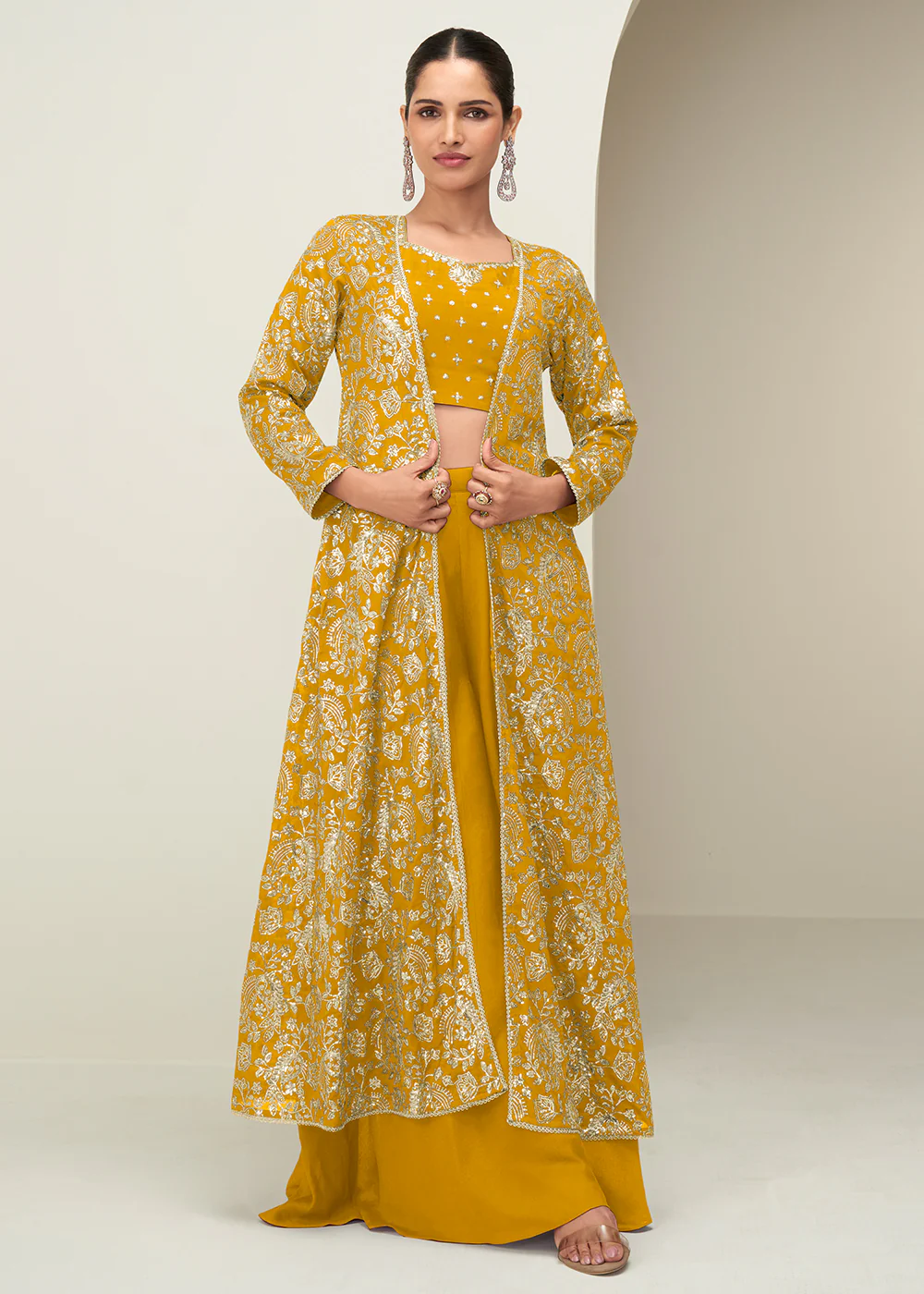 Mustard Jacket & Crop Top Style Party Palazzo Suit