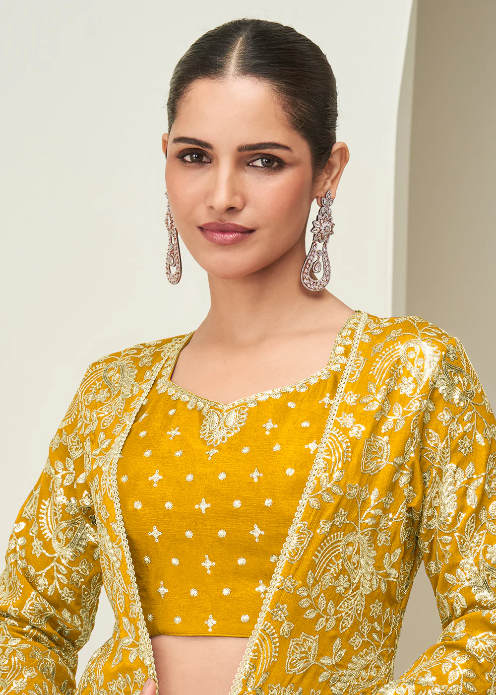 Mustard Jacket & Crop Top Style Party Palazzo Suit - Image 2