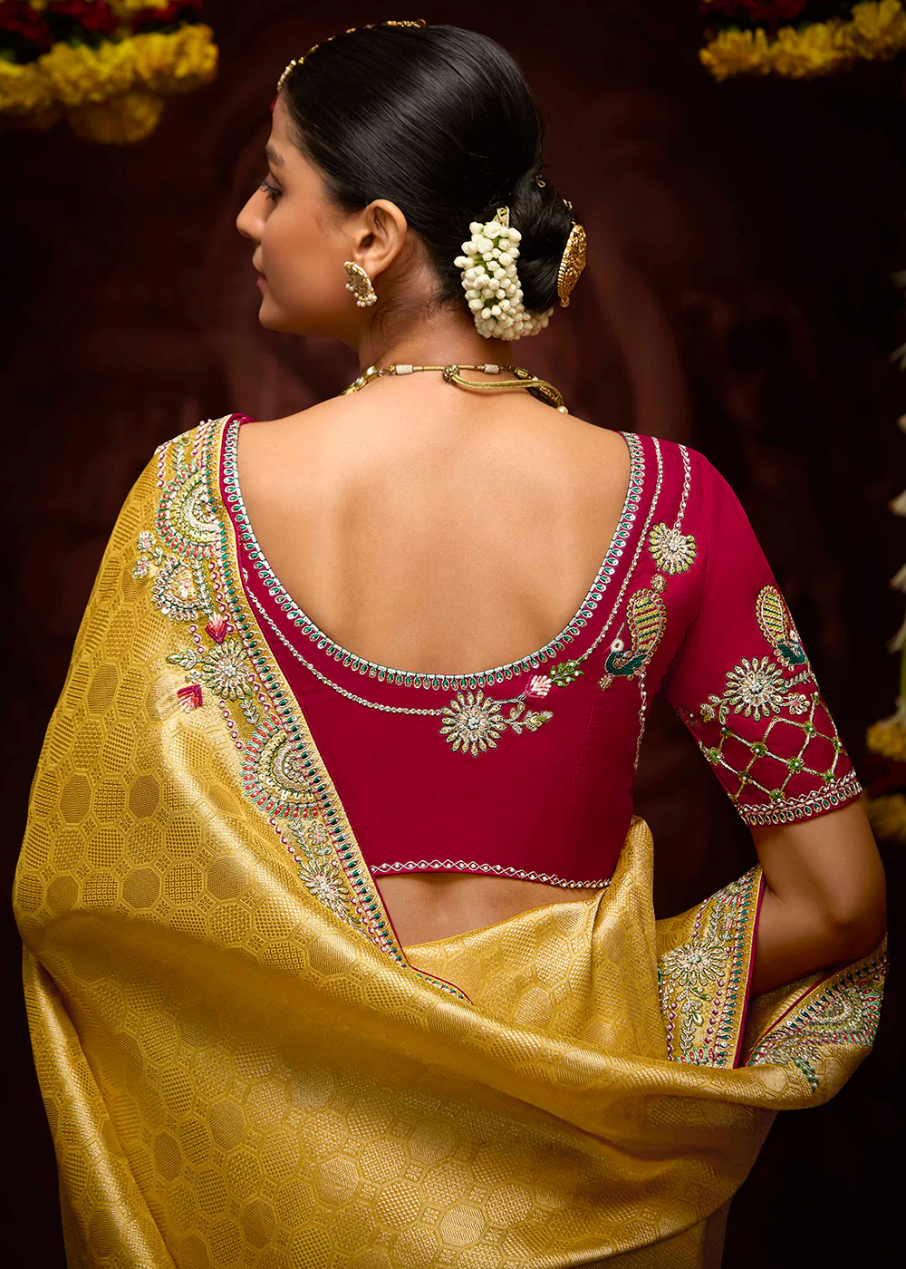 Mustard Kanjivaram Silk Embroidered Designer Saree - Image 3