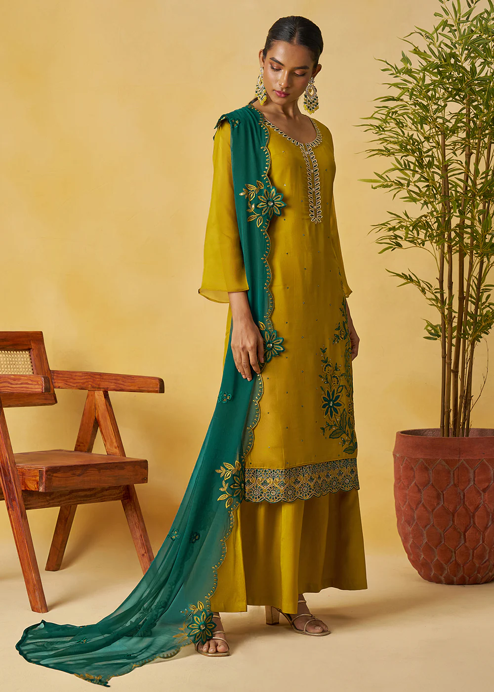 Mustard Kurta Style Palazzo Style Suit - Image 3