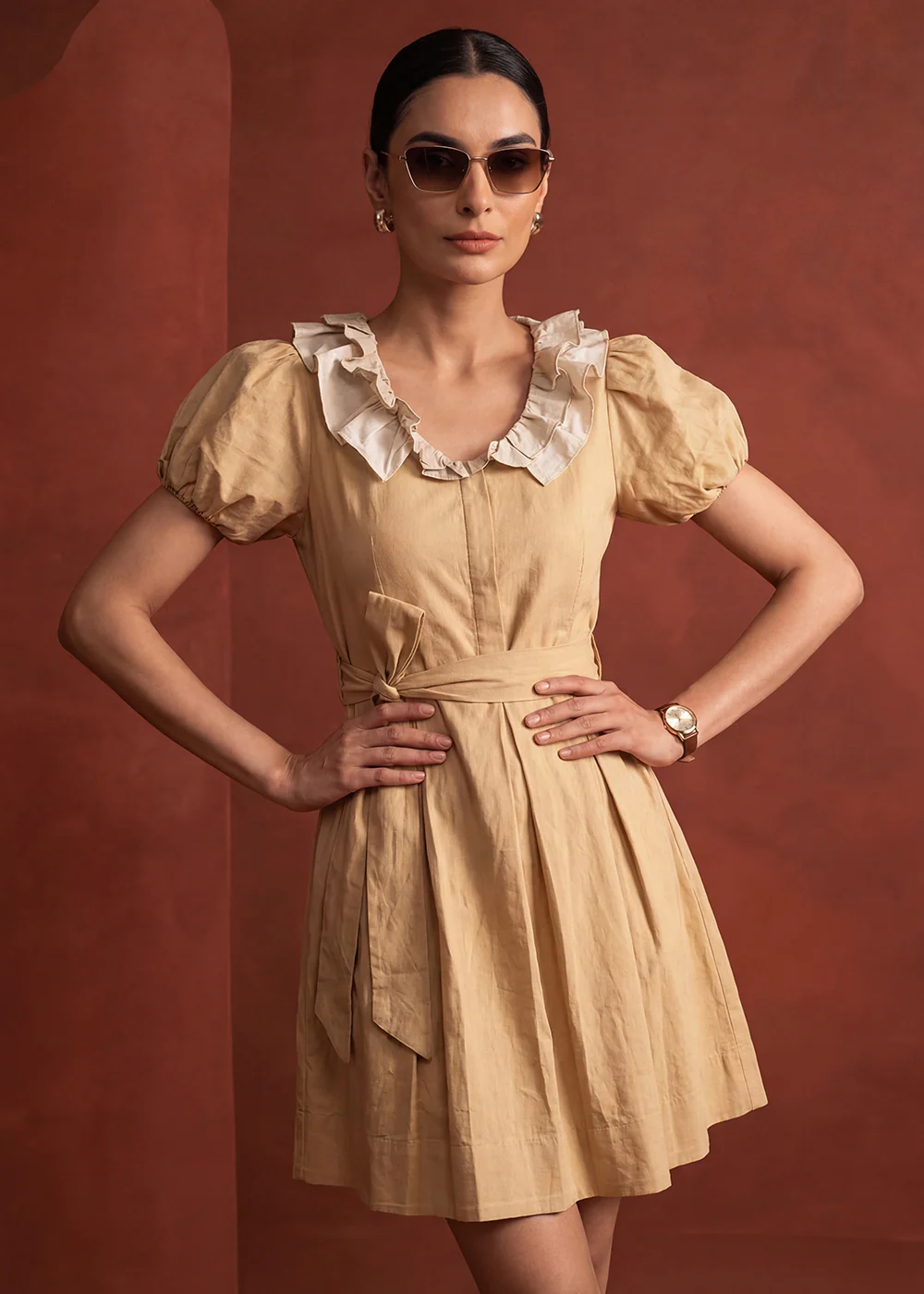 Mustard Linen Ruffeled Sleeves Mini Indo Western Dress - Image 2