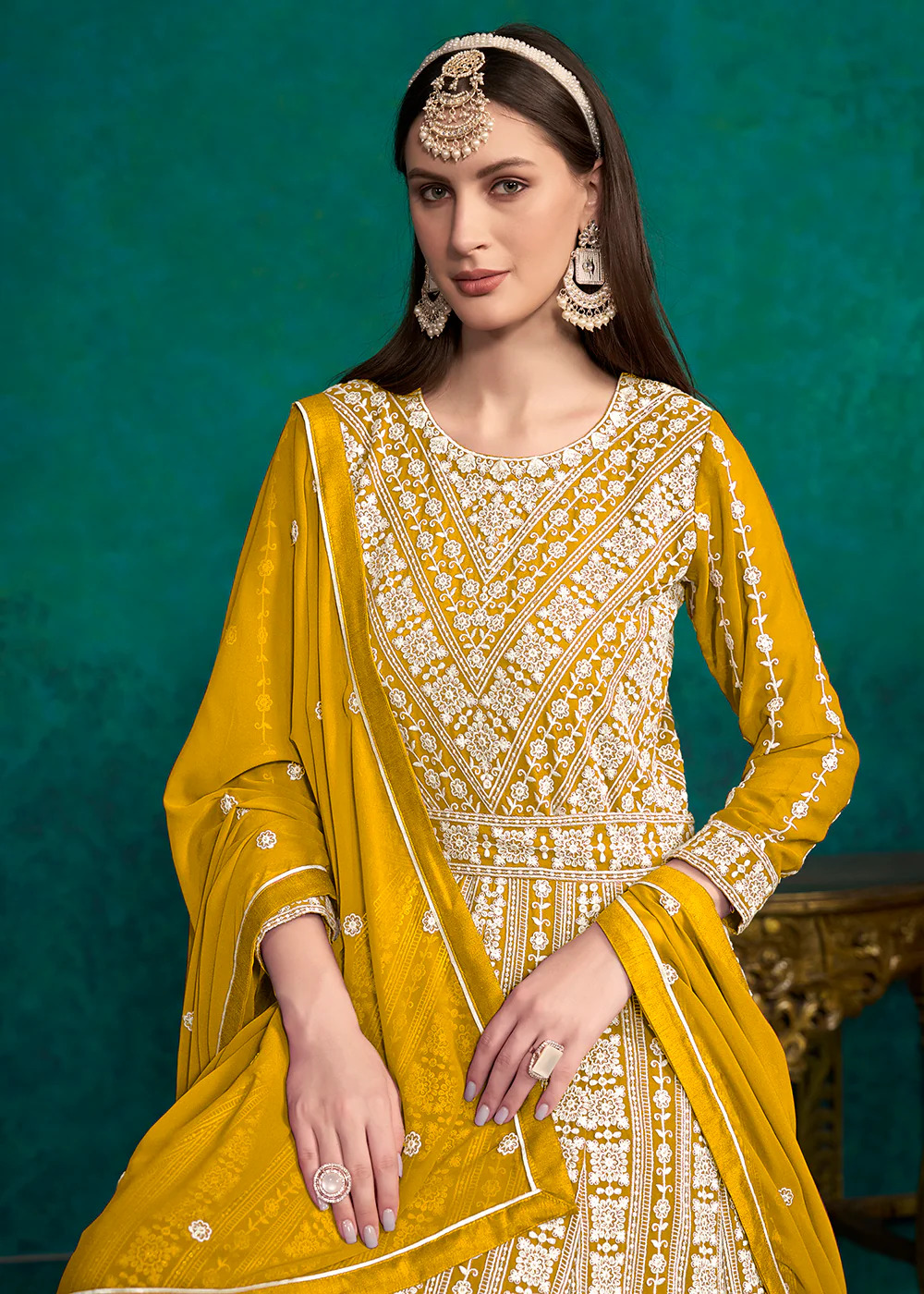 Mustard Lucknowi Embroidered Wedding Anarkali Suit - Image 2