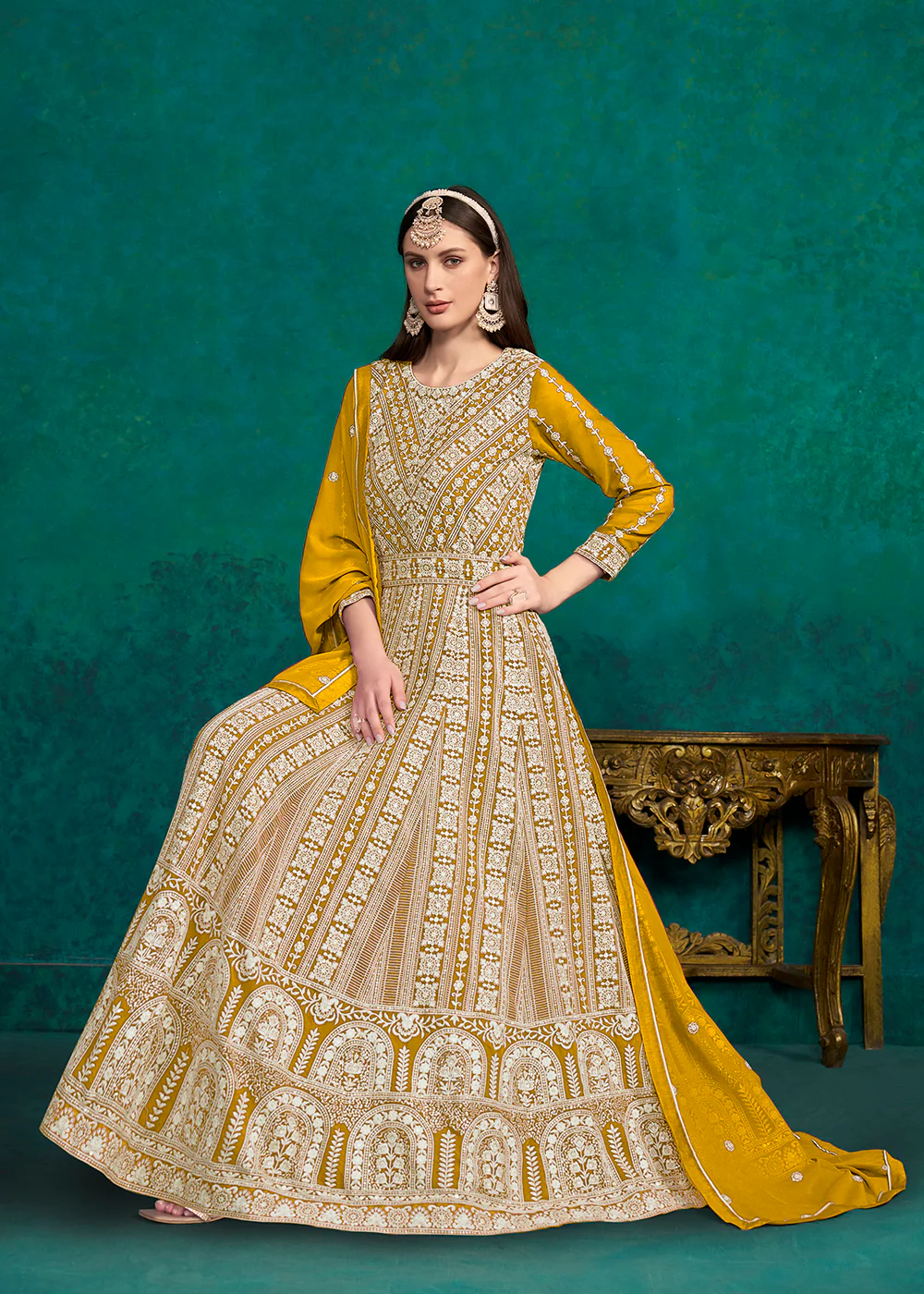 Mustard Lucknowi Embroidered Wedding Anarkali Suit - Image 4