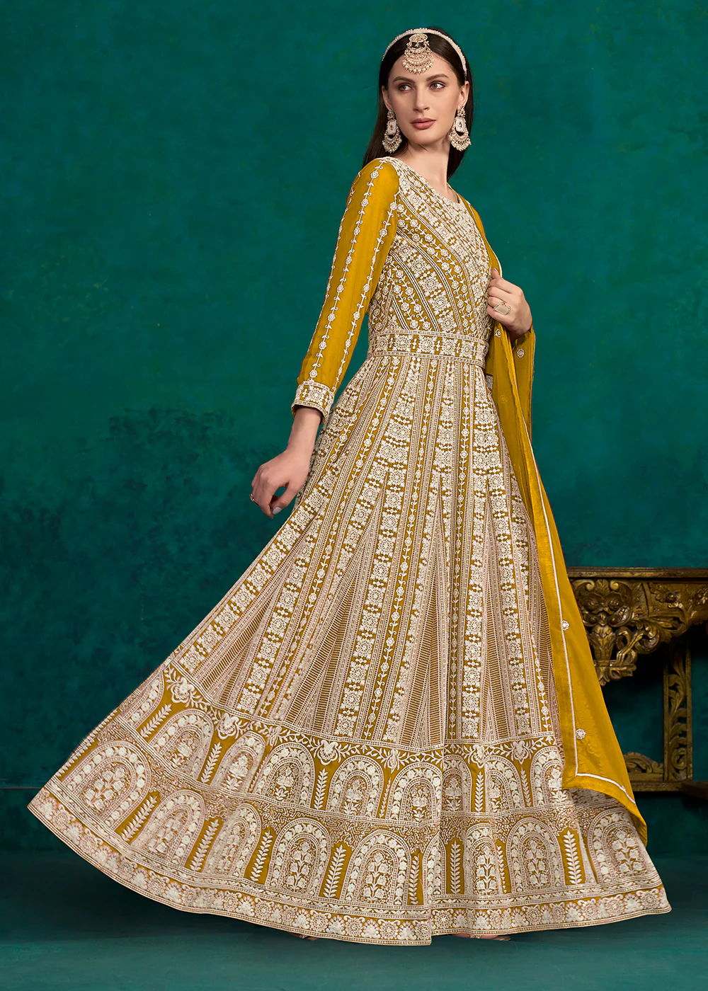 Mustard Lucknowi Embroidered Wedding Anarkali Suit - Image 5