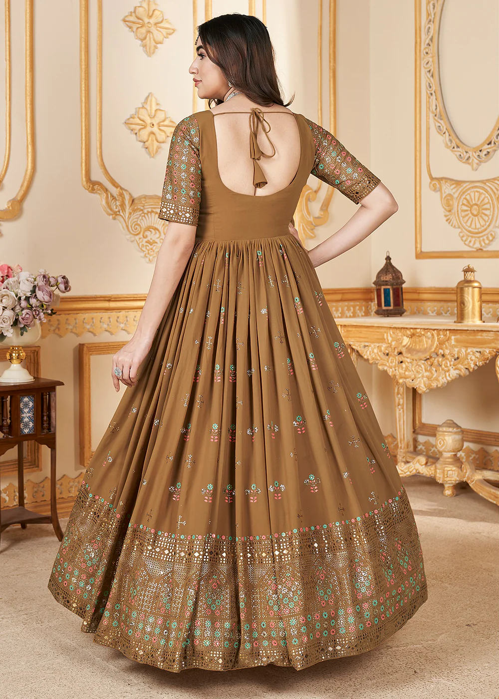 Mustard Metalic Foil Work Embroidered Wedding Festive Anarkali Gown - Image 3