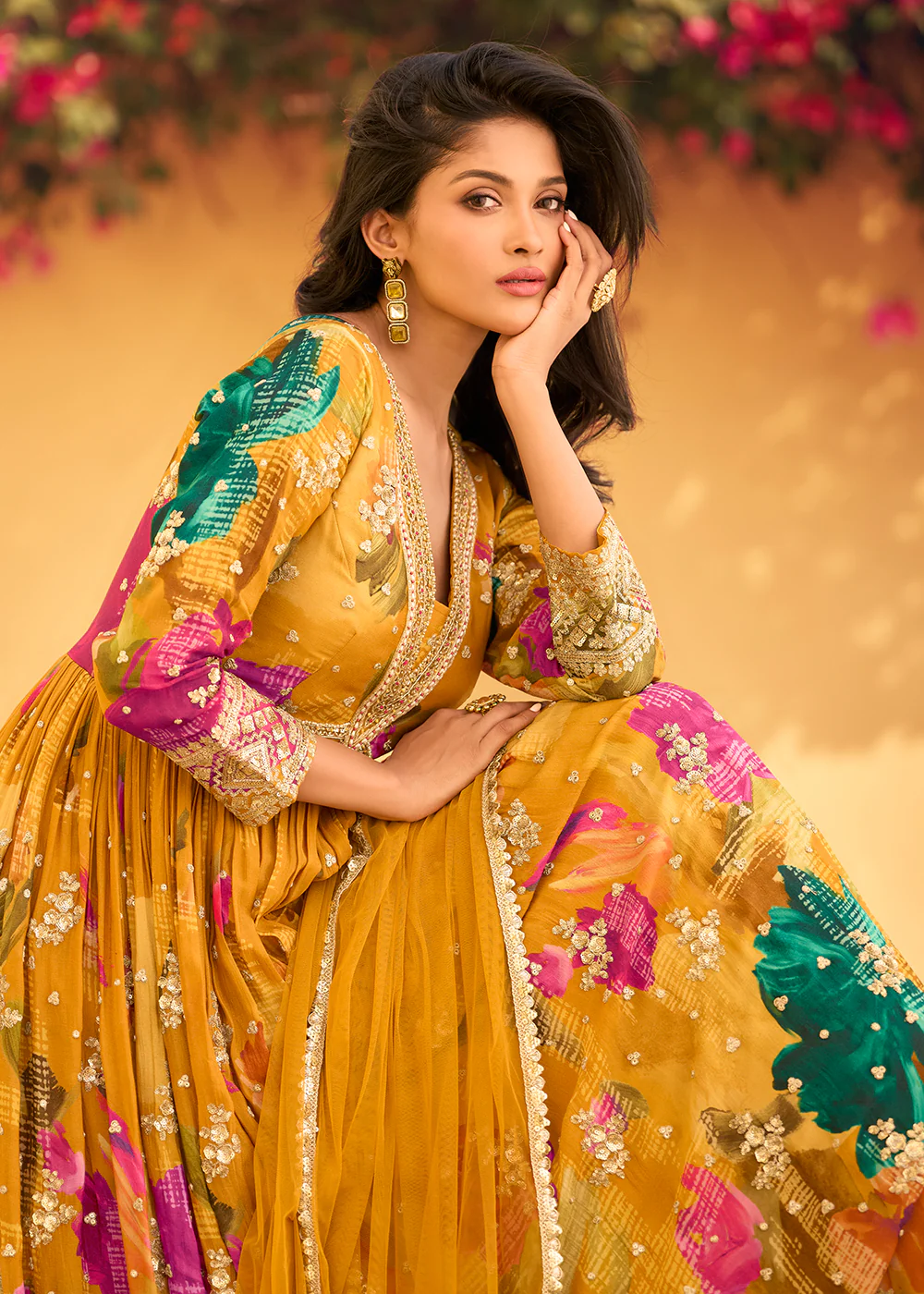 Mustard Multi Embroidered Wedding Festive Anarkali Gown - Image 2