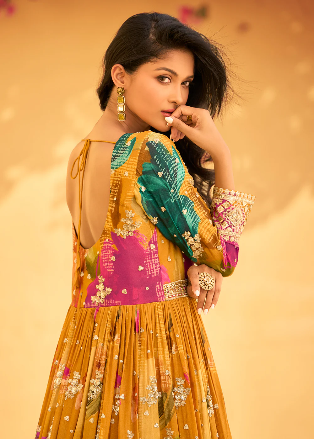 Mustard Multi Embroidered Wedding Festive Anarkali Gown - Image 3