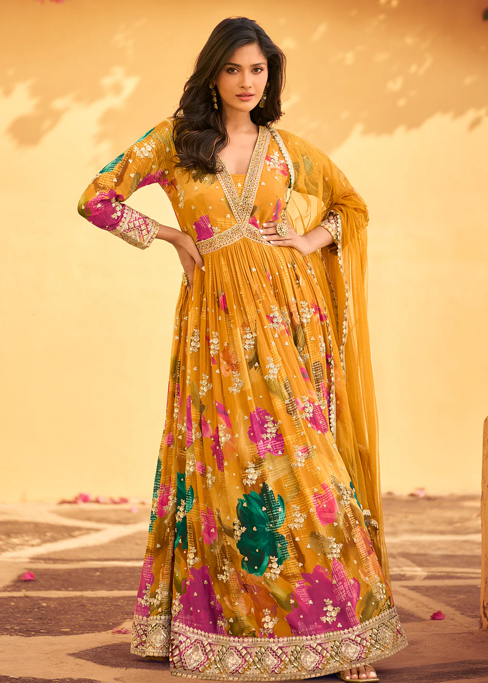 Mustard Multi Embroidered Wedding Festive Anarkali Gown - Image 4
