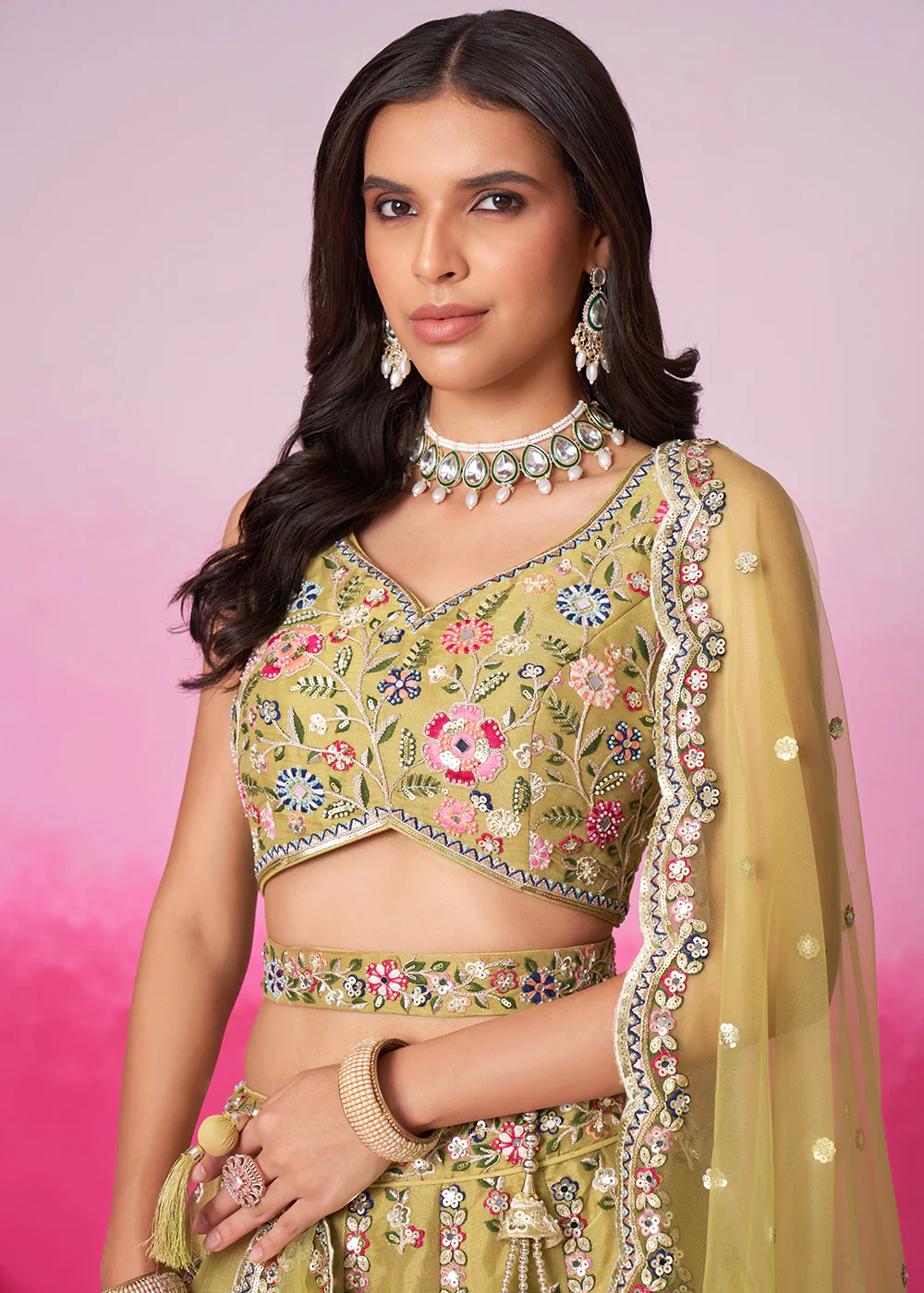 Mustard Net Ethnic Embroidered Bridal Wear Lehenga Choli - Image 2