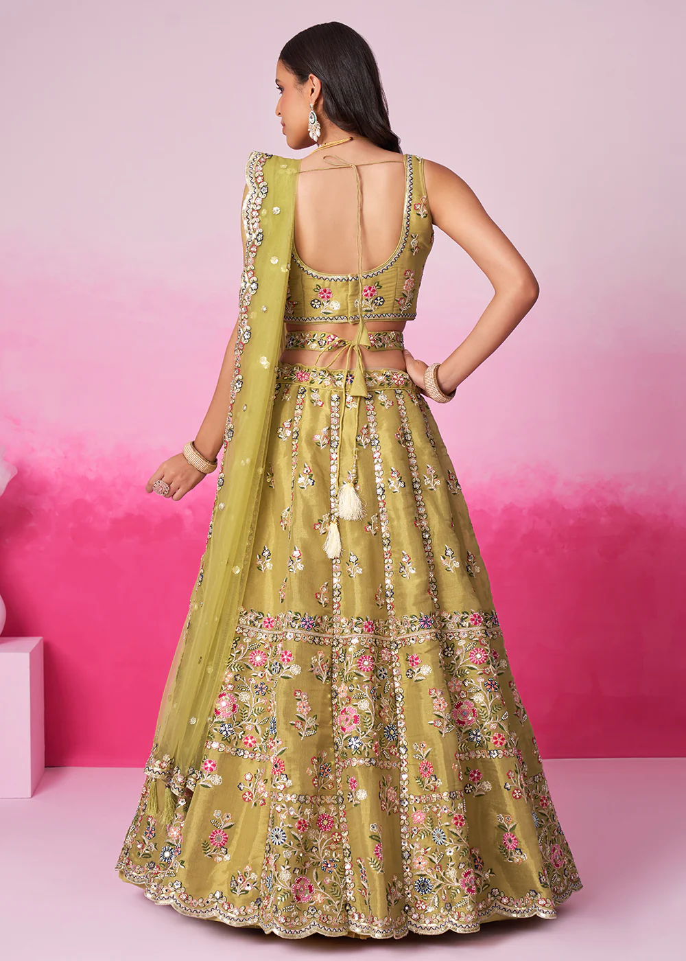 Mustard Net Ethnic Embroidered Bridal Wear Lehenga Choli - Image 3