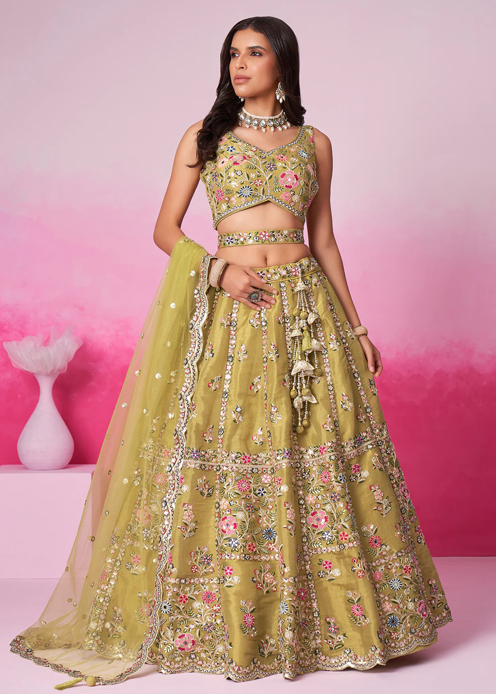Mustard Net Ethnic Embroidered Bridal Wear Lehenga Choli - Image 4