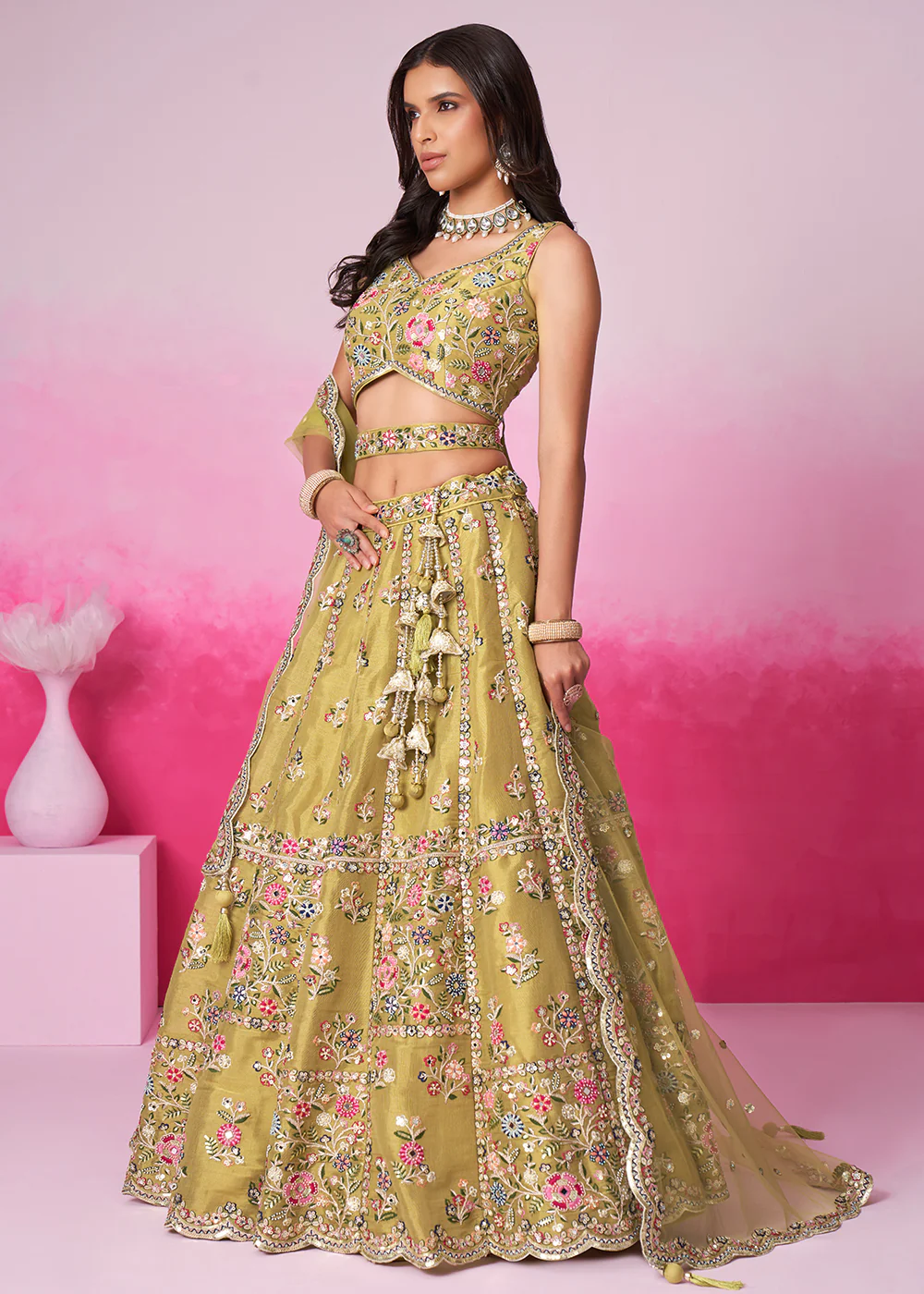 Mustard Net Ethnic Embroidered Bridal Wear Lehenga Choli - Image 5