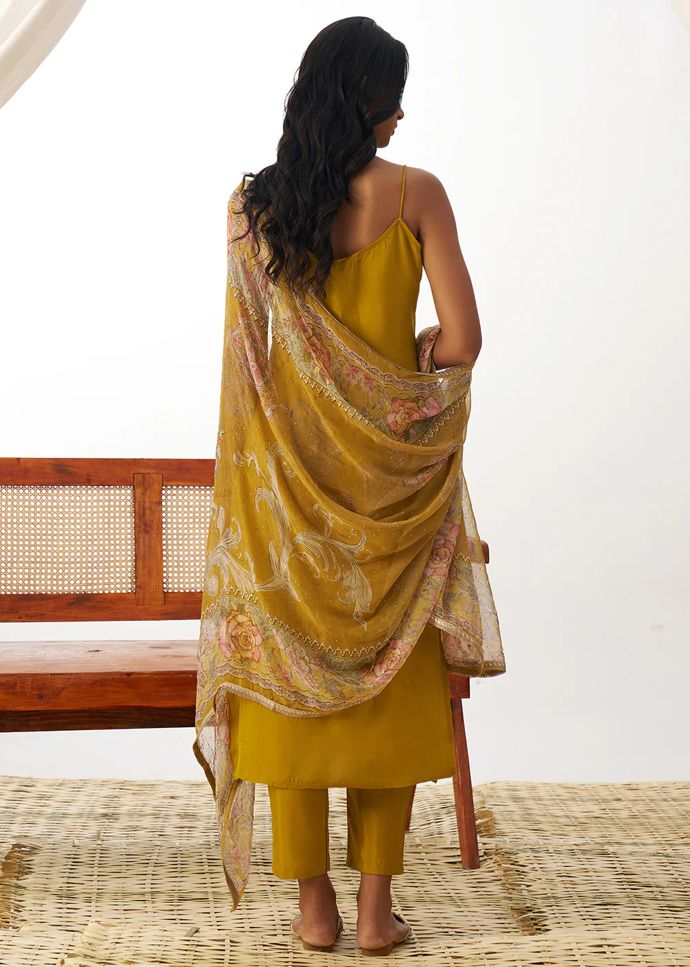 Mustard Organza Embroidered Kurta Style Salwar Suit - Image 3