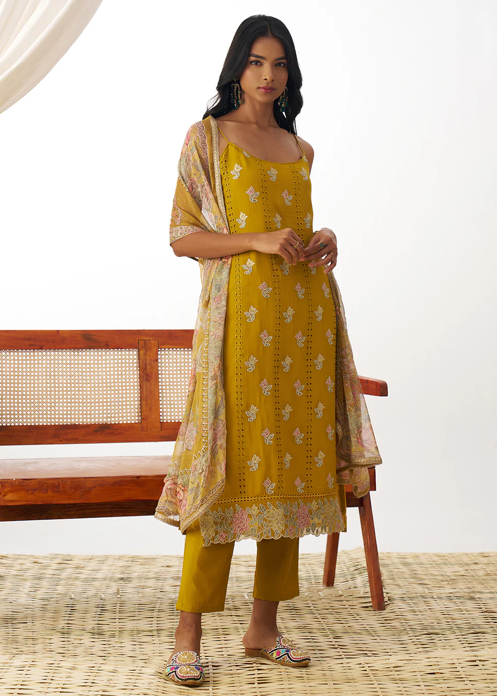 Mustard Organza Embroidered Kurta Style Salwar Suit - Image 4
