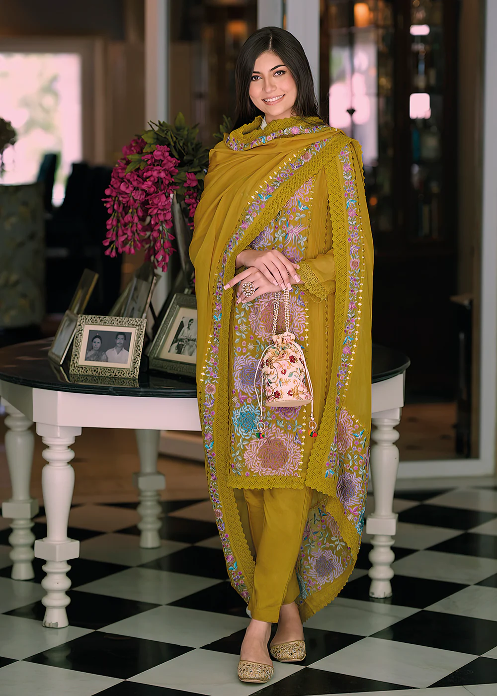 Mustard Organza Fancy Khatli Work Pakistani Style Suit - Image 3