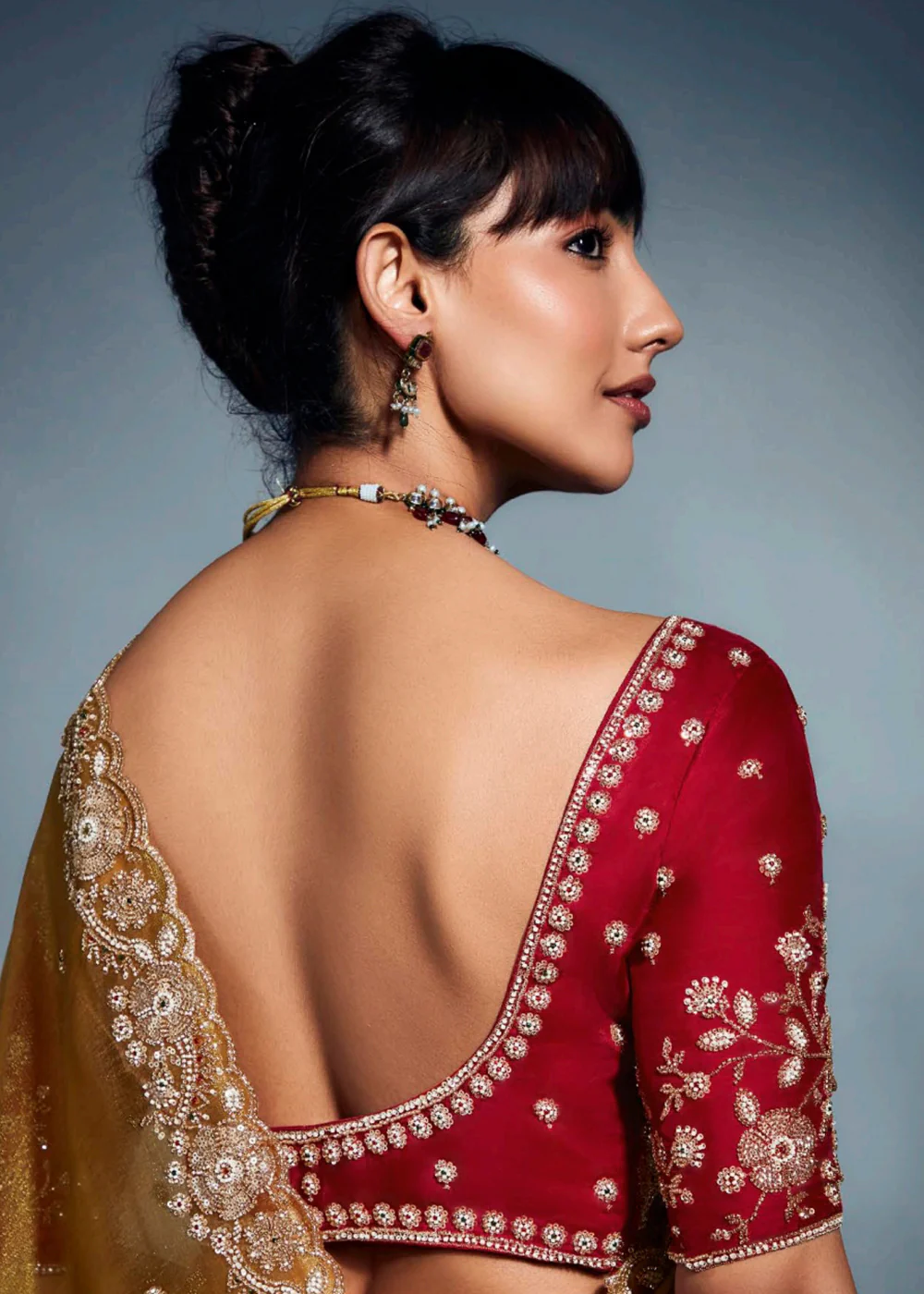Mustard Organza Khatli Work Designer Party Saree - Image 3