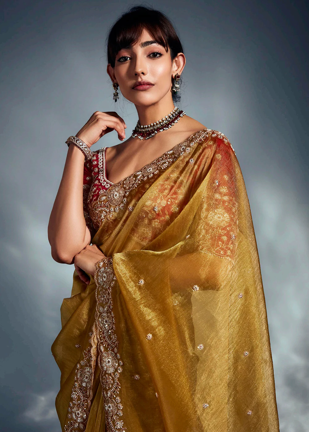Mustard Organza Khatli Work Designer Party Saree - Image 4