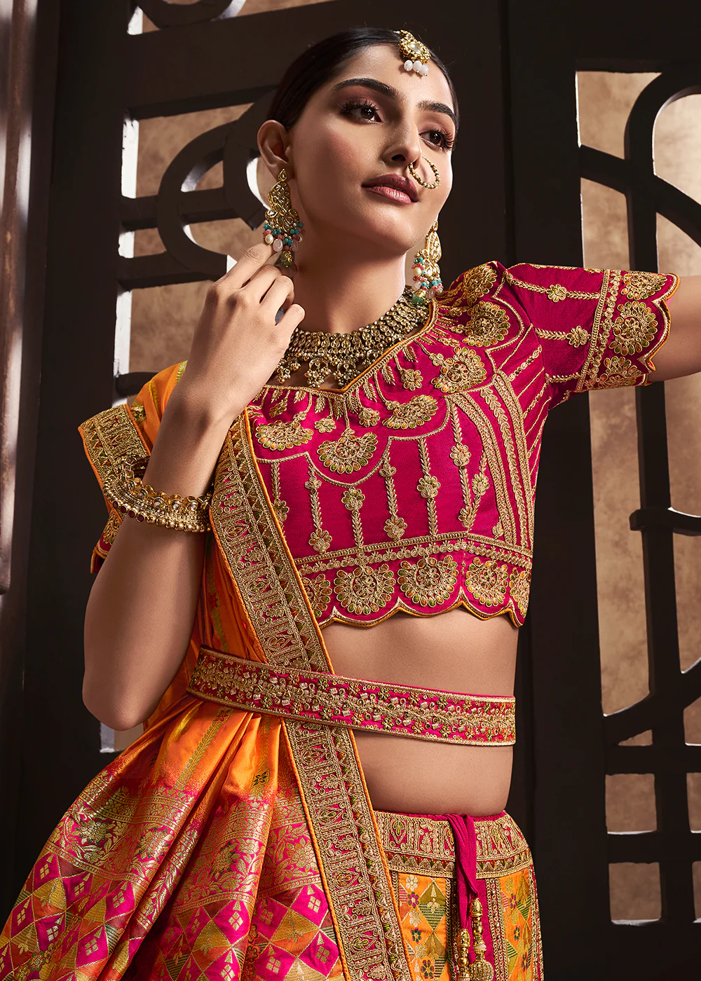 Mustard & Pink Banarasi Silk Bridal Designer Lehenga Choli - Image 2