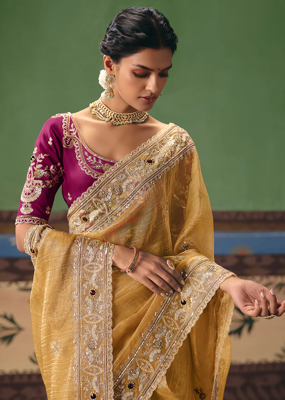 Mustard Premium Fancy Fabric Designer Party Wear Saree - Image 2