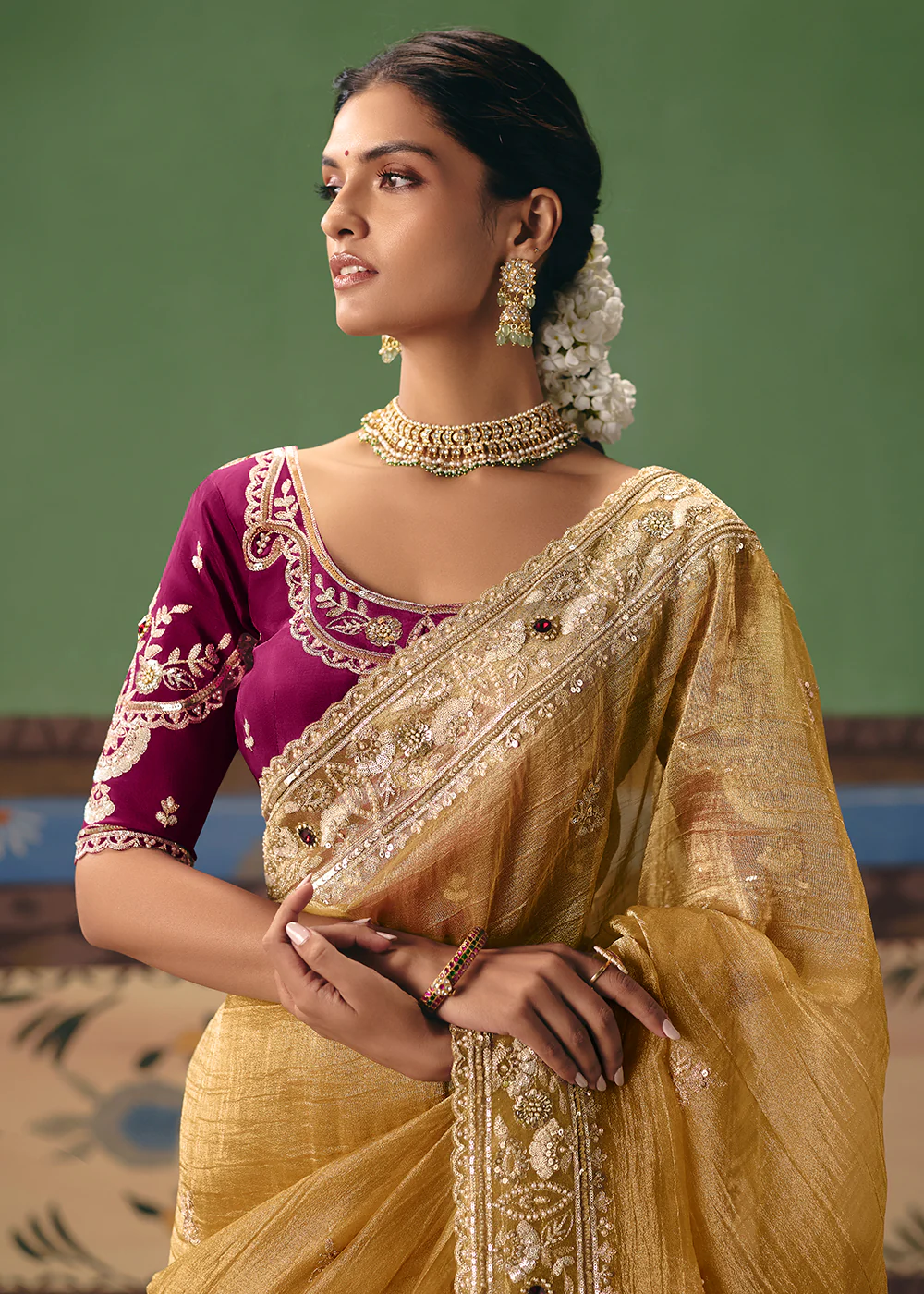 Mustard Premium Fancy Fabric Designer Party Wear Saree - Image 4