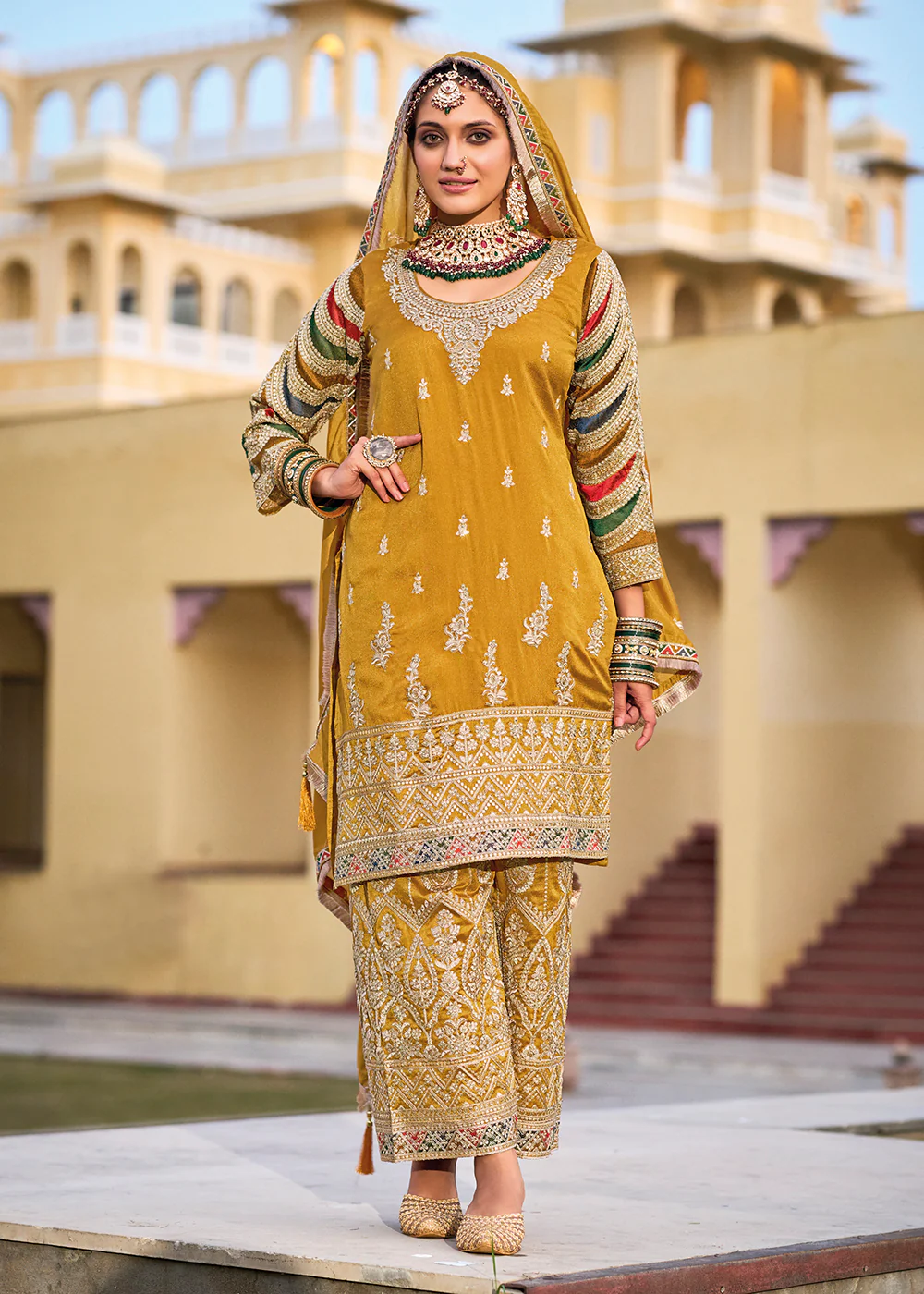 Mustard Premium Silk Embroidered Festive Ready Palazzo Suit - Image 3