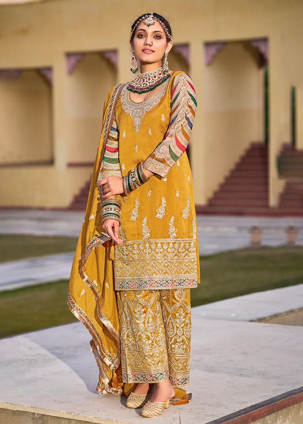 Mustard Premium Silk Embroidered Festive Ready Palazzo Suit - Image 5