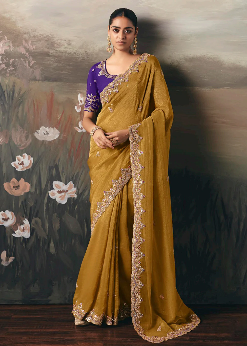 Mustard Premium Tissue Zari Fabric Designer Saree